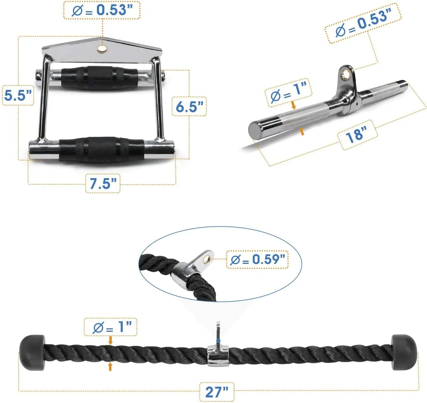 Rope + Cable D V-shaped Combo Double Handle Bar Tricep Yes4All Attachment +