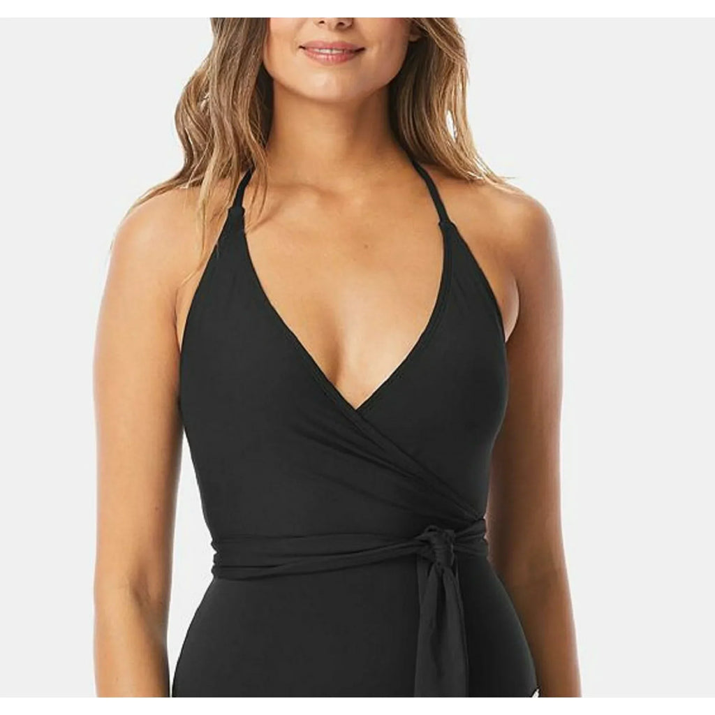 Swimsuit Size Piece Black V Wrap 14 Neck Tie Vince Women's Camuto One