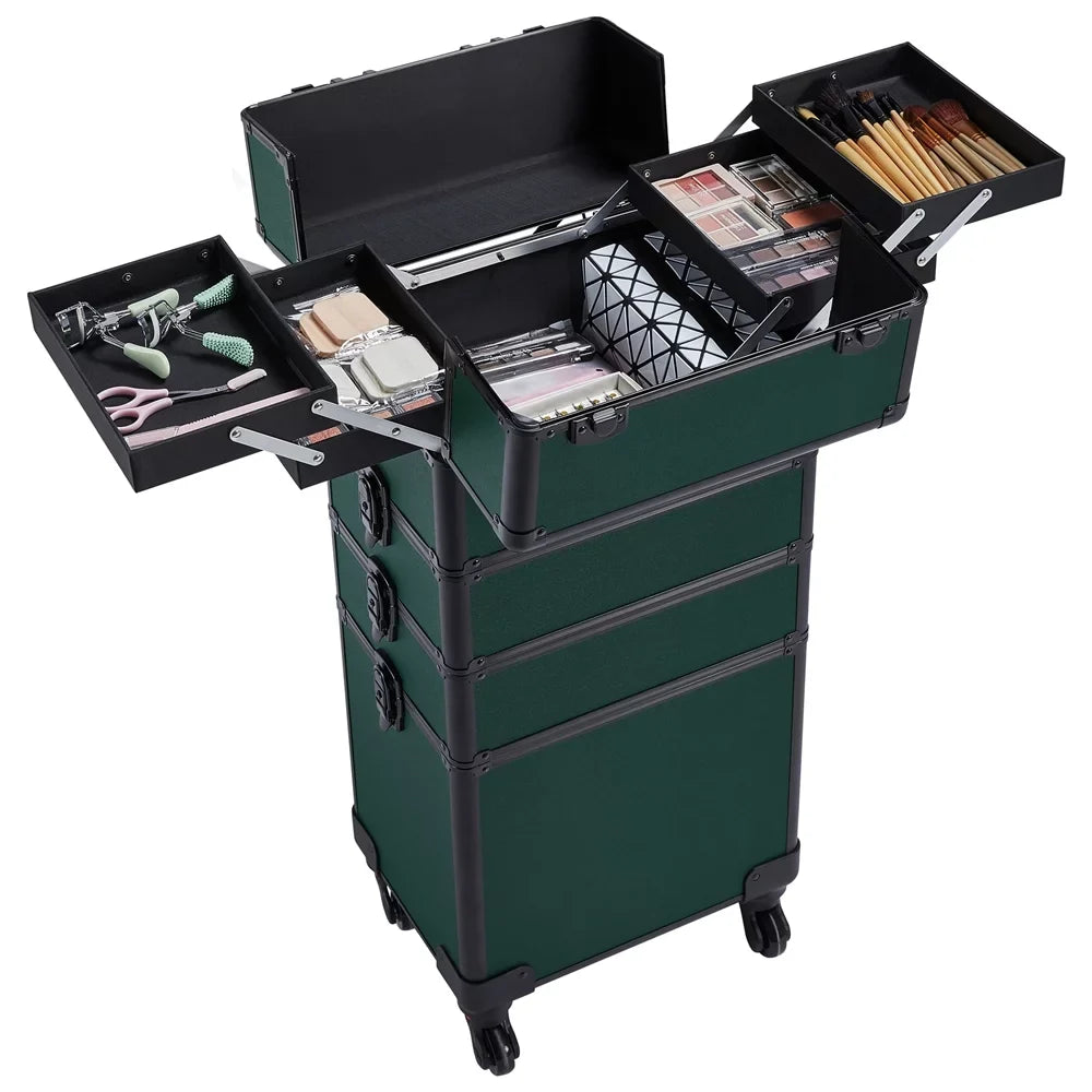 Makeup Green Aluminum Alden Case, Travel Professional Cosmetic Design 4-in-1 Dark