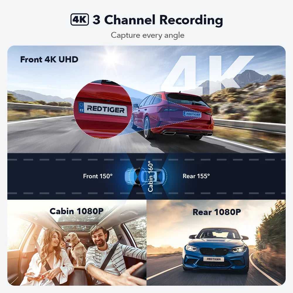 Rear REDTIGER with Camera IR and DashCam Channel, Front with Cam inch Screen GPS, Triple 3 3 Dash Camera 64GB WiFi IPS Vision, Car Card, Night 5G Way Dash with Vehicle Three Free