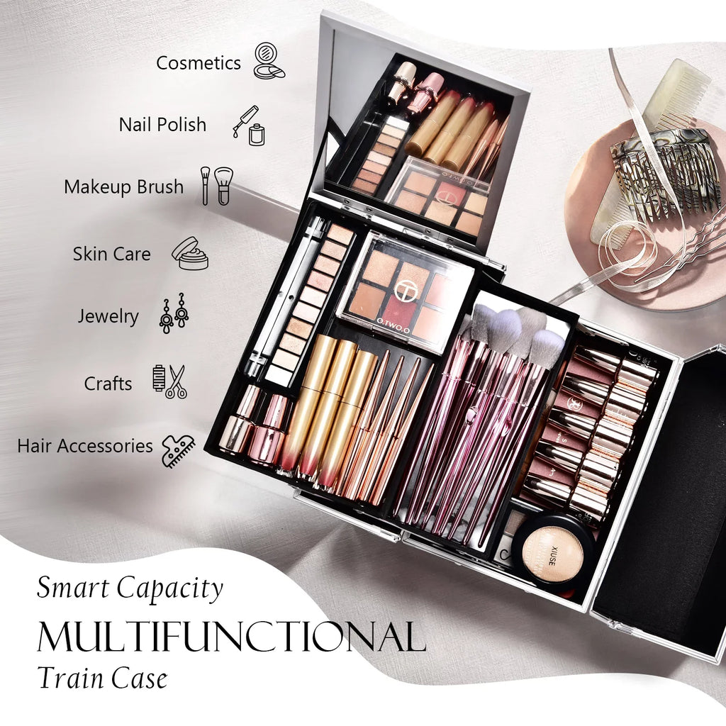Makeup Organizer Makeup Mirror Cosmetic Storage Train Joligrace Case with Trays 2 Case Box Lockable